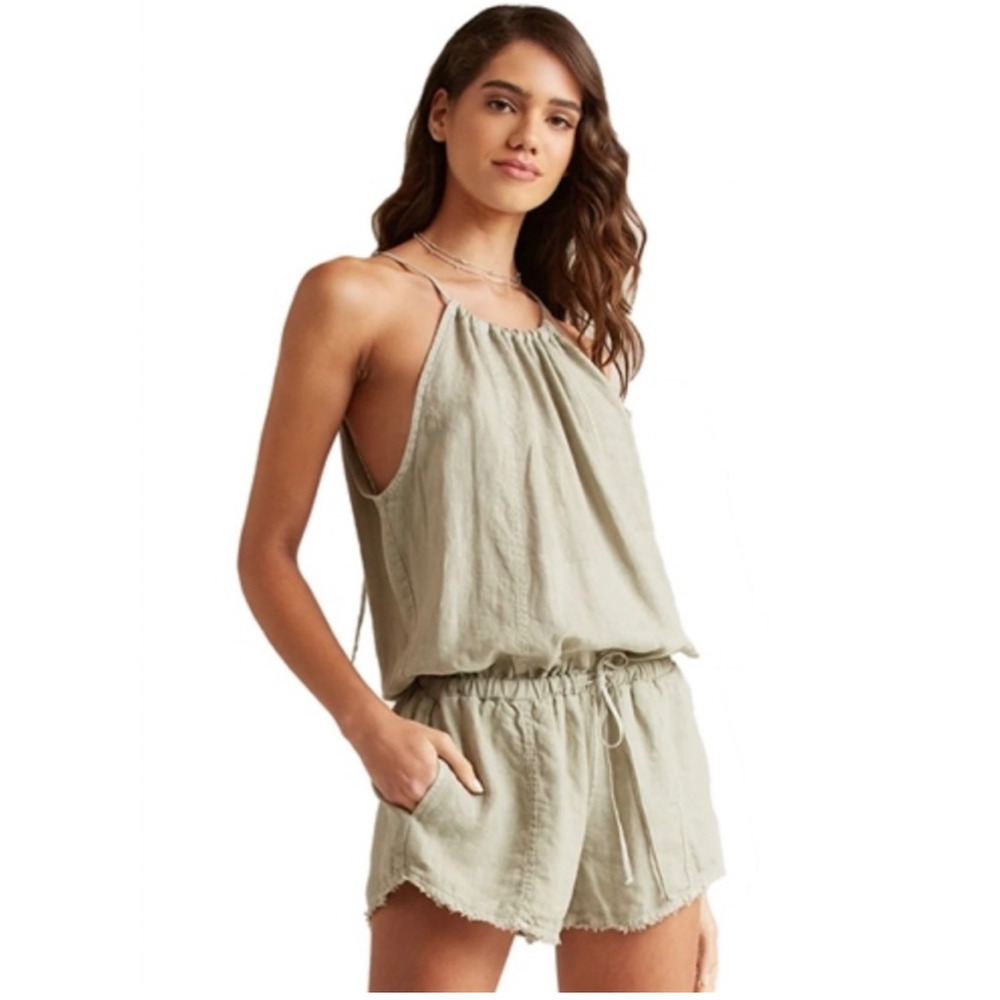 Revolve Bella Dahl Linen Blend Tie Waist Romper in Desert Olive - Picture 1 of 9